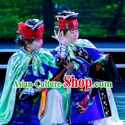 Chinese Prairie Female Embroider Mongol Nationality Dance Blue Dress Stage Performance Costume and Headpiece for Women