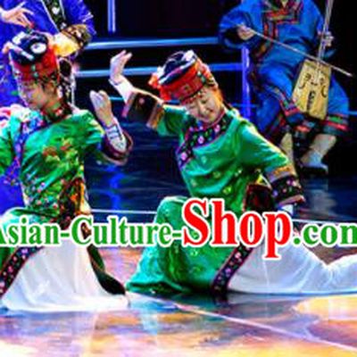 Chinese Prairie Female Embroider Mongol Nationality Dance Green Dress Stage Performance Costume and Headpiece for Women