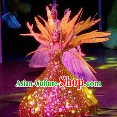 Chinese Night Of West Lake Classical Dance Golden Dress Stage Performance Costume and Headpiece for Women
