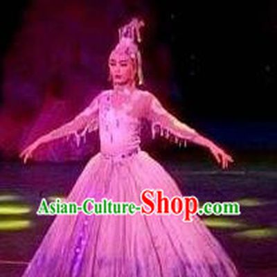 Chinese Night Of West Lake Classical Dance Bubble Dress Stage Performance Costume and Headpiece for Women