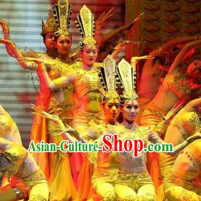 Chinese Night Of West Lake Classical Dance Thousand Hand Kwan Yin Dress Stage Performance Costume and Headpiece for Women
