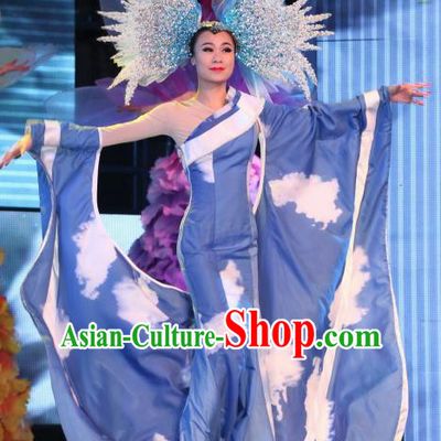 Chinese Night Of West Lake Modern Dance Blue Dress Stage Performance Costume and Headpiece for Women