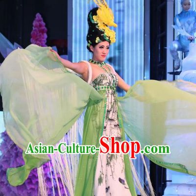 Chinese Night Of West Lake Classical Flower Dance Green Dress Stage Performance Costume and Headpiece for Women