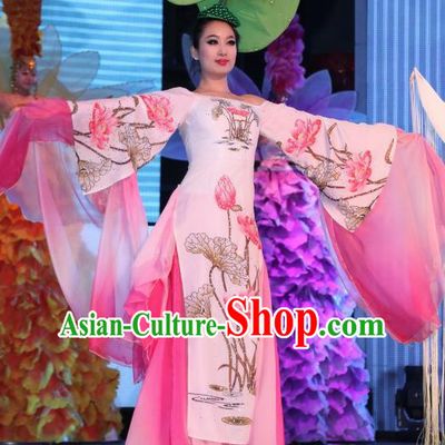 Chinese Night Of West Lake Classical Lotus Flower Dance Pink Dress Stage Performance Costume and Headpiece for Women