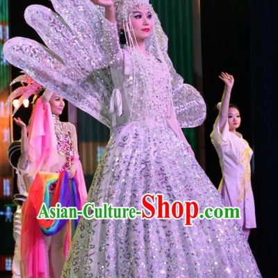 Chinese Night Of West Lake Classical Flower Dance White Dress Stage Performance Costume and Headpiece for Women