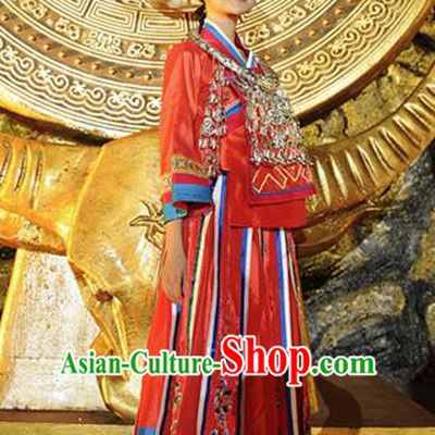 Chinese Ayiduo Miao Nationality Dance Red Dress Stage Performance Costume and Headpiece for Women