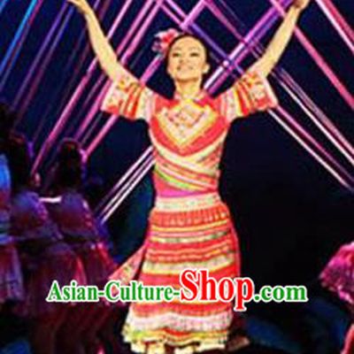 Chinese Ayiduo Ethnic Nationality Dance Red Dress Stage Performance Costume and Headpiece for Women