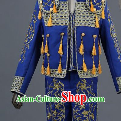 Traditional European Prince Costumes Spanish Court Royalblue Clothing for Men