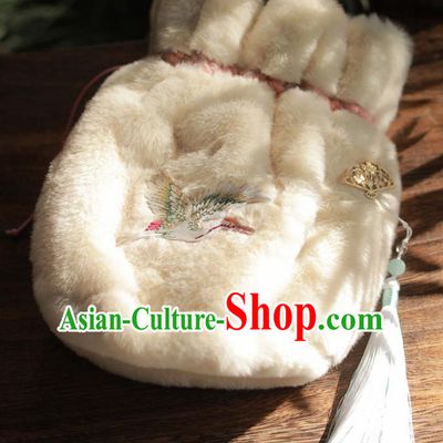 Traditional Chinese Ancient Termofor Embroidered Crane White Bag