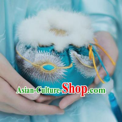 Traditional Chinese Ancient Termofor Cover Embroidered Blue Brocade Bag