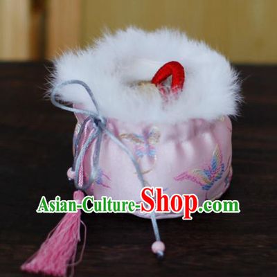 Traditional Chinese Ancient Termofor Cover Embroidered Butterfly Pink Brocade Bag