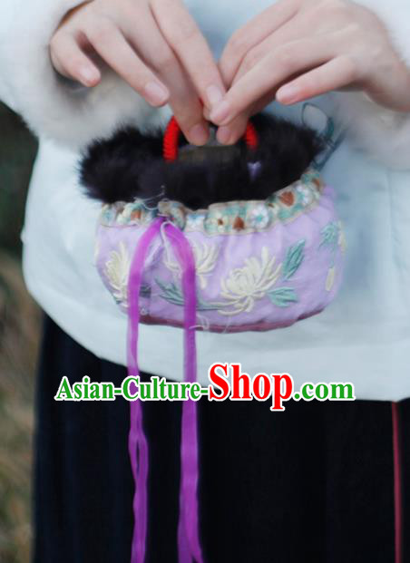 Traditional Chinese Ancient Termofor Cover Embroidered Chrysanthemum Purple Brocade Bag Traditional Chinese Ancient Termofor Cover Embroidered Chrysanthemum Purple Brocade Bag