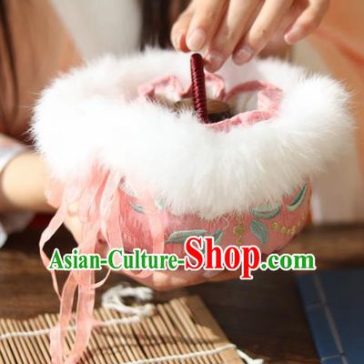 Traditional Chinese Ancient Termofor Cover Embroidered Flowers Pink Brocade Bag