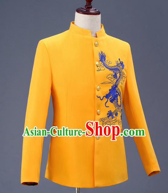 Traditional Chinese Tang Suit Costumes Embroidered Dragon Yellow Overcoat for Men Traditional Chinese Tang Suit Costumes Embroidered Dragon Yellow Overcoat for Men