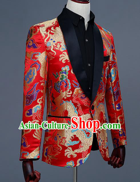 Traditional Chinese Tang Suit Costumes Embroidered Dragon Red Overcoat for Men Traditional Chinese Tang Suit Costumes Embroidered Dragon Red Overcoat for Men