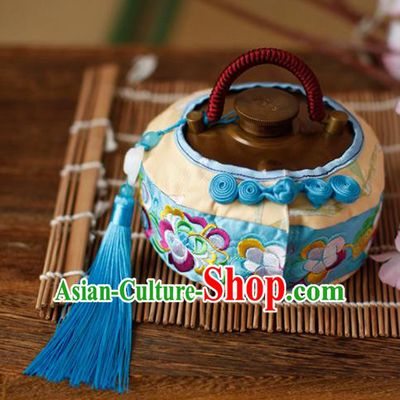 Traditional Chinese Ancient Termofor Cover Embroidered Blue Brocade Bag