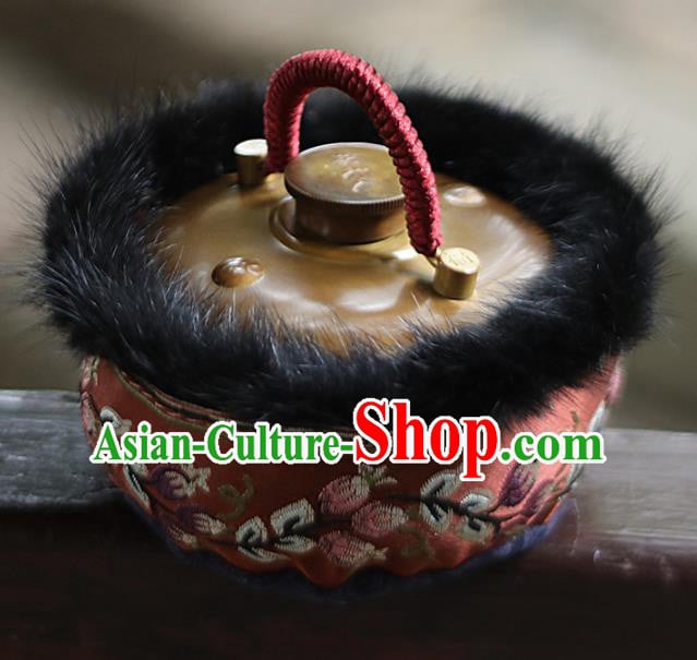 Traditional Chinese Ancient Termofor Cover Embroidered Purplish Red Brocade Bag