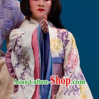 The Legend of Chunqin Shaoxing Opera Japan Geisha White Kimono Dress Stage Performance Costume and Headpiece for Women