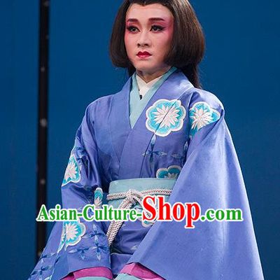 The Legend of Chunqin Shaoxing Opera Japan Geisha Blue Kimono Dress Stage Performance Costume and Headpiece for Women