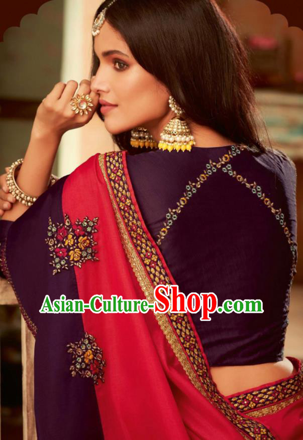 Asian India Traditional Costume Indian Bollywood Embroidered Rosy Silk Sari Dress for Women Asian India Traditional Costume Indian Bollywood Embroidered Rosy Silk Sari Dress for Women