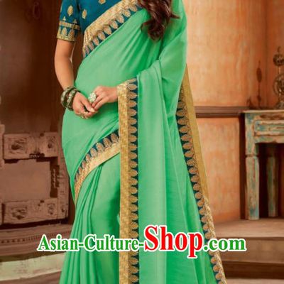 Asian India Traditional Costume Indian Bollywood Embroidered Light Green Silk Sari Dress for Women