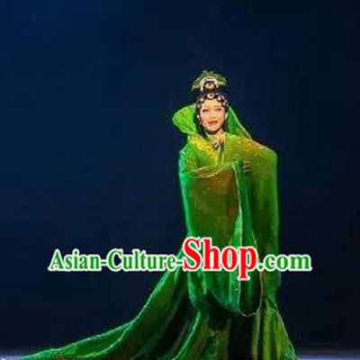 Chinese Zhaojun Chu Sai Ancient Imperial Consort Classical Dance Green Dress Stage Performance Costume and Headpiece for Women