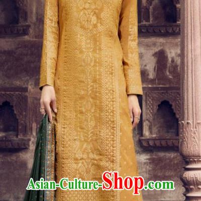 Asian Indian Punjabis Embroidered Golden Blouse and Pants India Traditional Lehenga Choli Costumes Complete Set for Women