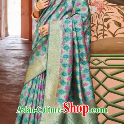 Asian Indian Bollywood Printing Green Silk Dress India Traditional Sari Costumes for Women
