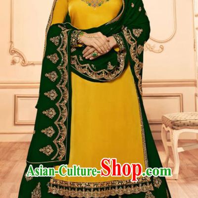 Asian India Traditional Lehenga Choli Costumes Indian Bollywood Embroidered Deep Green Skirt and Yellow Blouse for Women
