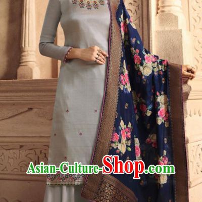 Asian Indian Punjabis Bride Embroidered Grey Satin Blouse and Pants India Traditional Lehenga Choli Costumes Complete Set for Women