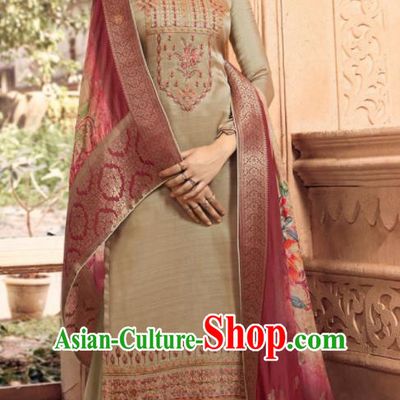 Asian Indian Punjabis Bride Embroidered Khaki Satin Blouse and Pants India Traditional Lehenga Choli Costumes Complete Set for Women