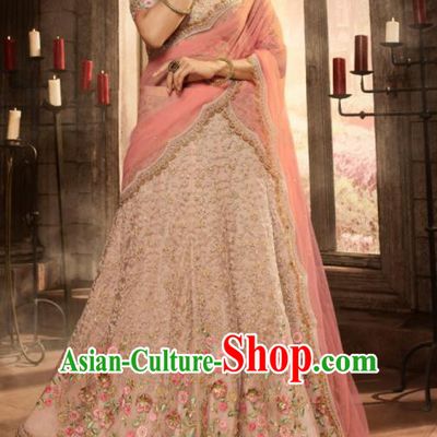 Asian Indian Bollywood Lehenga Light Khaki Embroidered Dress India Traditional Costumes for Women