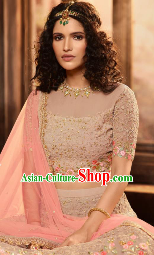 Asian Indian Bollywood Lehenga Light Khaki Embroidered Dress India Traditional Costumes for Women