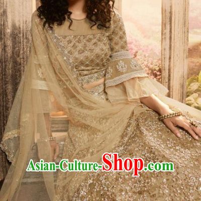 Asian Indian Bollywood Lehenga Light Golden Embroidered Dress India Traditional Costumes for Women