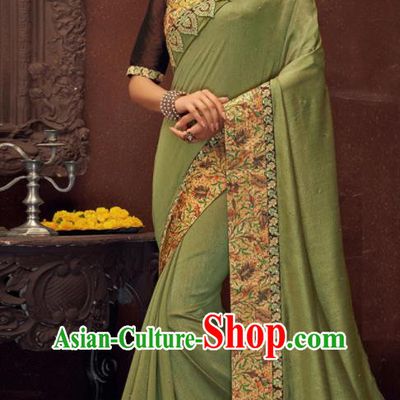 Asian Indian Court Green Silk Embroidered Sari Dress India Traditional Bollywood Costumes for Women