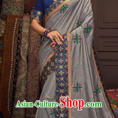 Asian Indian Court Grey Silk Embroidered Sari Dress India Traditional Bollywood Costumes for Women