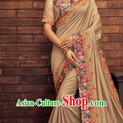 Asian Indian Court Khaki Silk Embroidered Sari Dress India Traditional Bollywood Costumes for Women