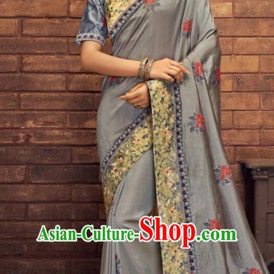 Asian Indian Court Grey Blue Silk Embroidered Sari Dress India Traditional Bollywood Costumes for Women
