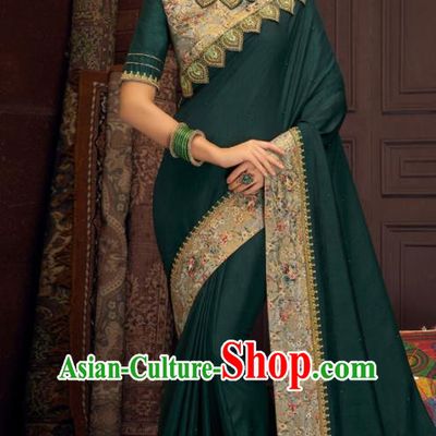 Asian Indian Court Atrovirens Silk Embroidered Sari Dress India Traditional Bollywood Costumes for Women