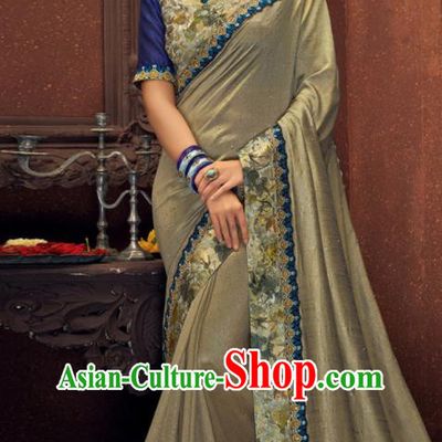 Asian Indian Court Light Grey Silk Embroidered Sari Dress India Traditional Bollywood Costumes for Women