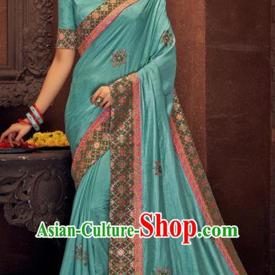 Asian Indian Court Light Blue Silk Embroidered Sari Dress India Traditional Bollywood Costumes for Women