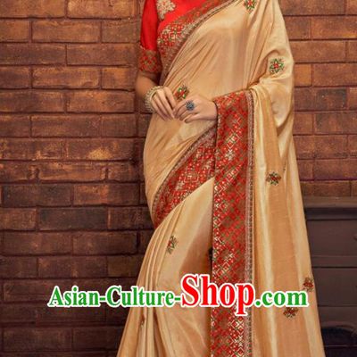 Asian Indian Court Light Golden Silk Embroidered Sari Dress India Traditional Bollywood Costumes for Women