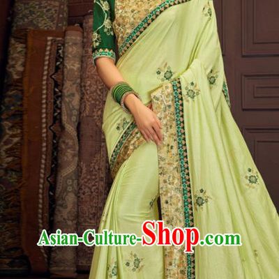 Asian Indian Court Light Green Silk Embroidered Sari Dress India Traditional Bollywood Costumes for Women