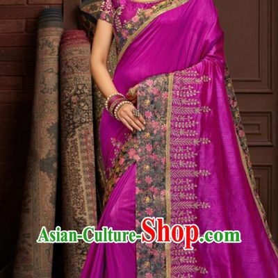 Asian Indian Court Purple Silk Embroidered Sari Dress India Traditional Bollywood Costumes for Women