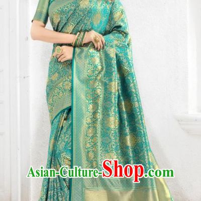 Asian Indian Court Green Silk Sari Dress India Traditional Bollywood Costumes for Women