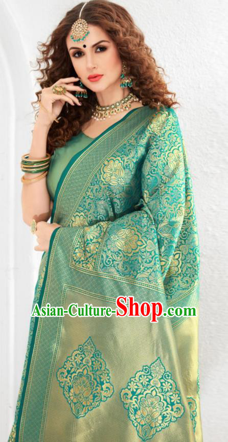 Asian Indian Court Green Silk Sari Dress India Traditional Bollywood Costumes for Women Asian Indian Court Green Silk Sari Dress India Traditional Bollywood Costumes for Women