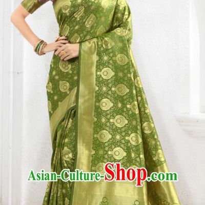 Asian Indian Court Olive Green Silk Sari Dress India Traditional Bollywood Costumes for Women