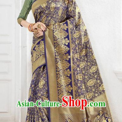 Asian Indian Court Royalblue Silk Sari Dress India Traditional Bollywood Costumes for Women