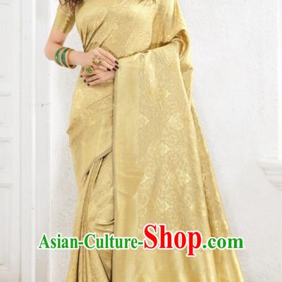 Asian Indian Court Golden Silk Sari Dress India Traditional Bollywood Costumes for Women