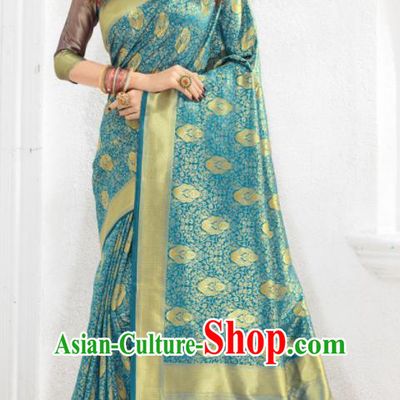 Asian Indian Court Lake Blue Silk Sari Dress India Traditional Bollywood Costumes for Women